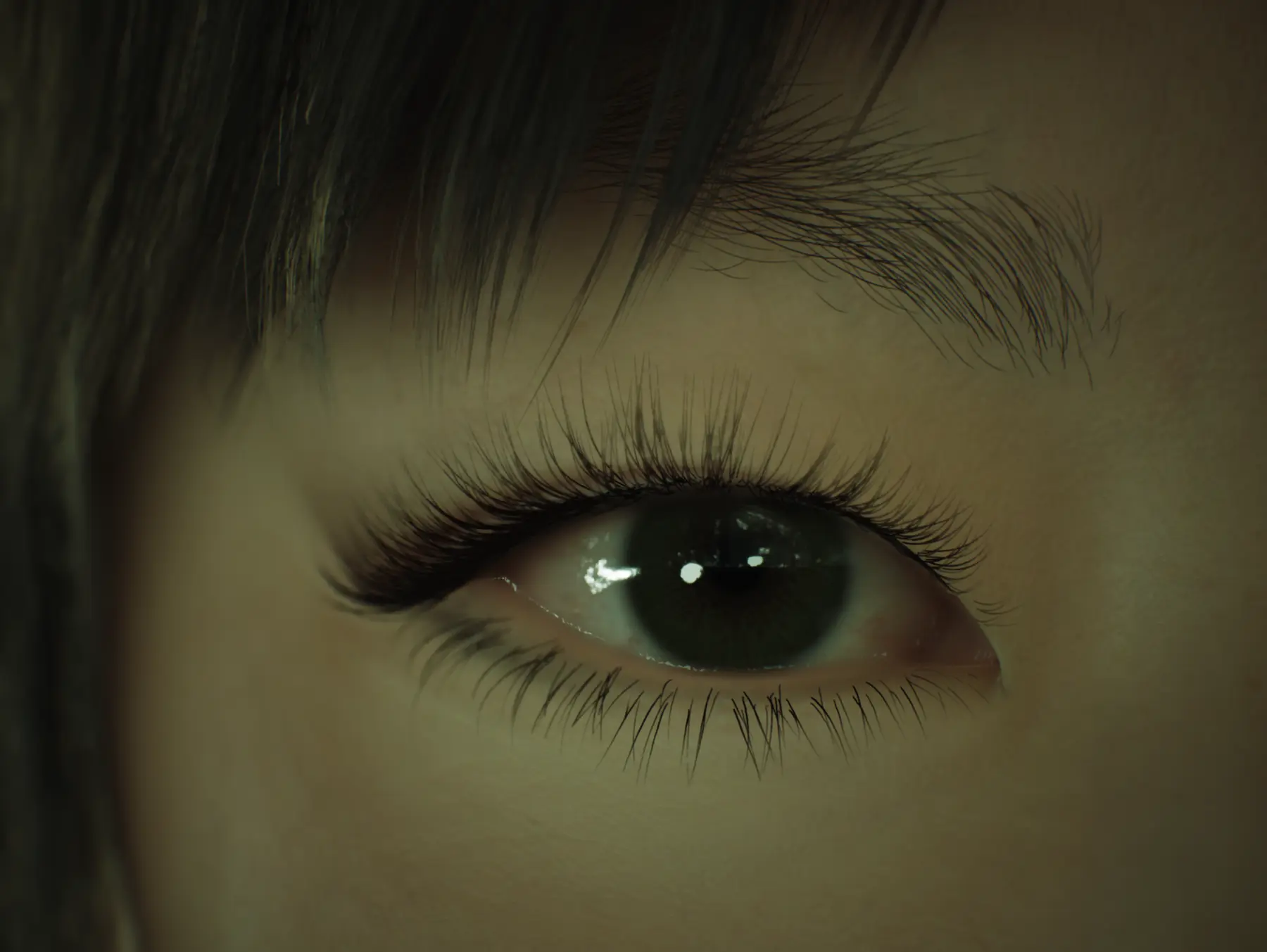 Extreme close-up render of Myla's eye, eyelashes and eyebrow