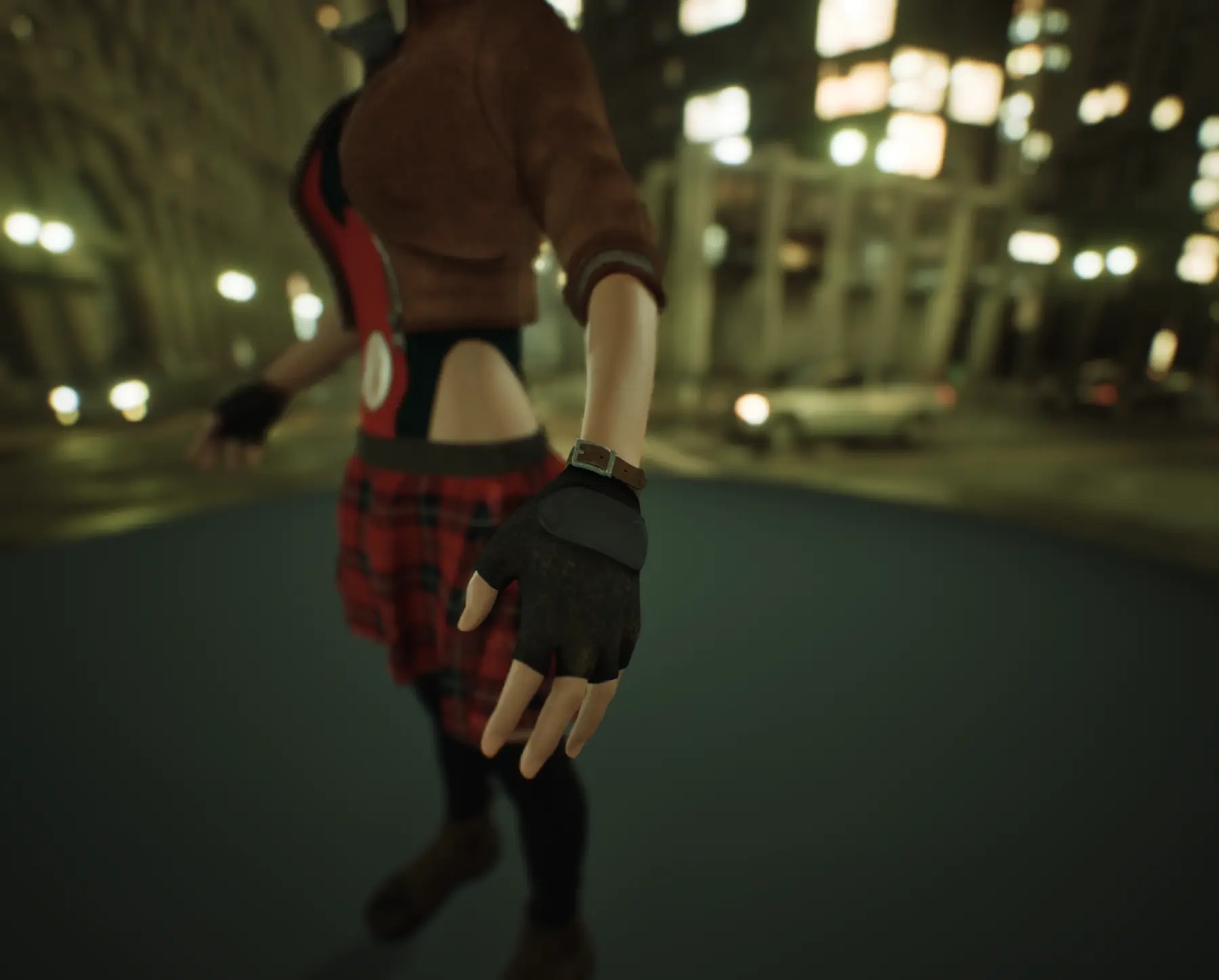Close-up render of Myla's glove and wrist strap