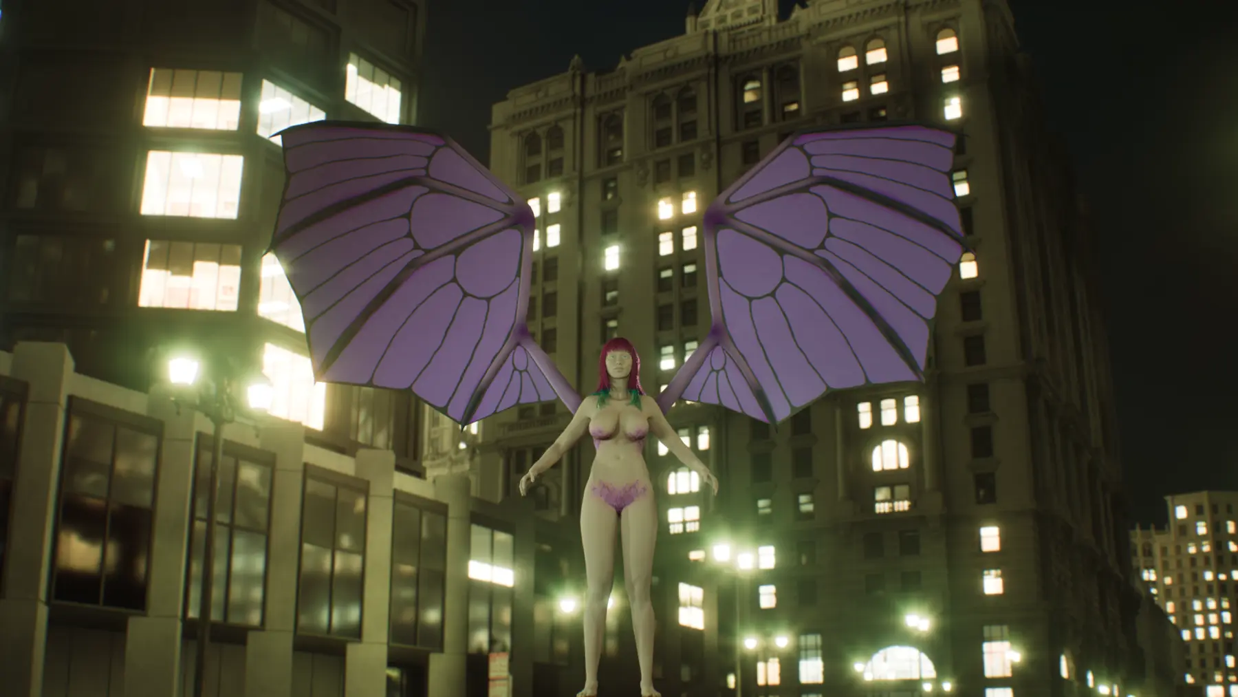 VIRE-7A hovering with wings spread in a city at night