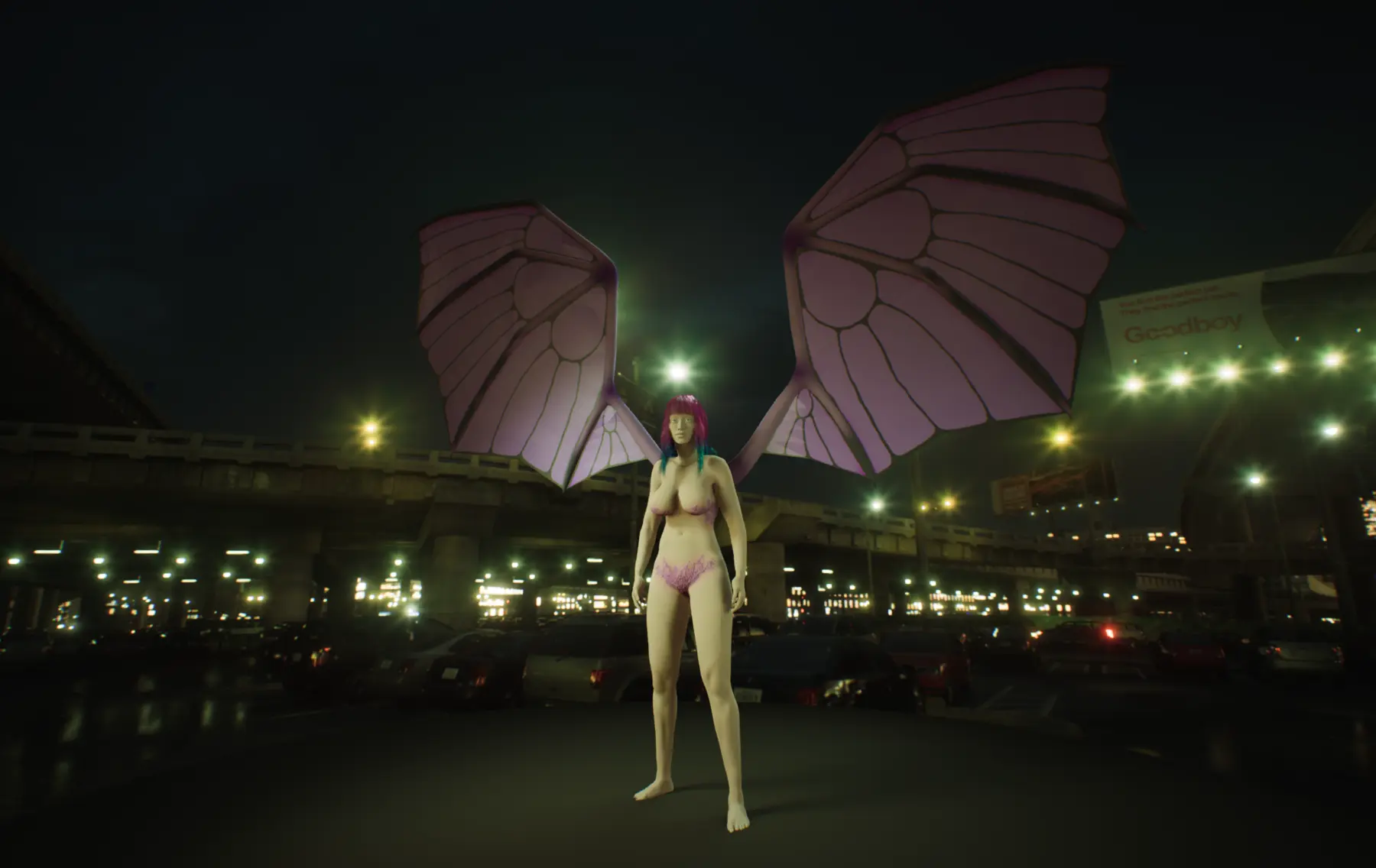 Wide environmental render of VIRE-7A standing beneath city lights